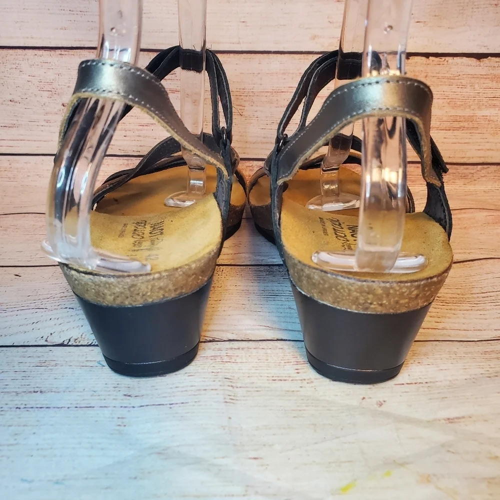 Naot Womens EU 42 US 11 Hero Black/Walnut Leather Wedge Strappy Sandals